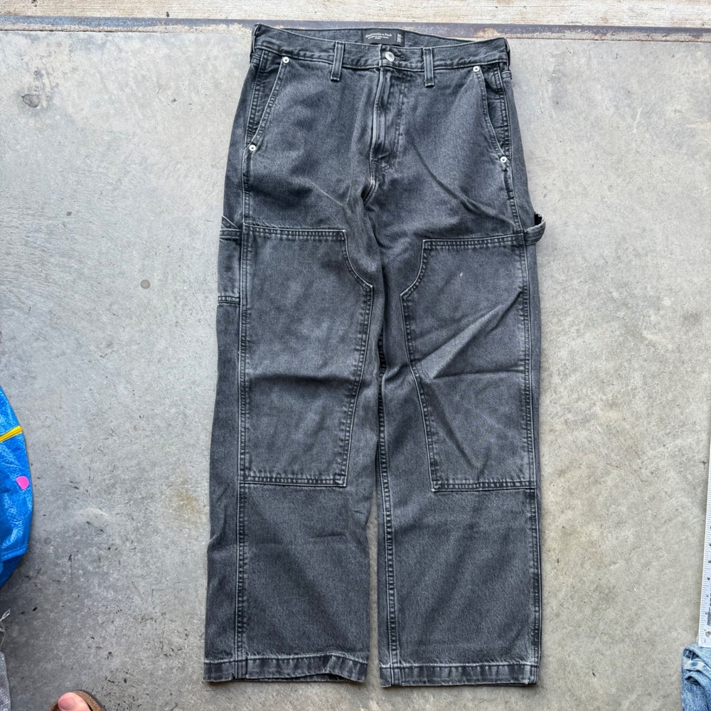 Abercrombie & Fitch Baggy Carpenter Jeans 30x30 Washed Black Double Knee Denim